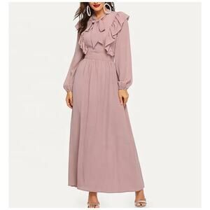 SHEIN Tie Neck Fit & Flare Ruffle Trim Long Sleeve Maxi Dress Rustic Pink Size M